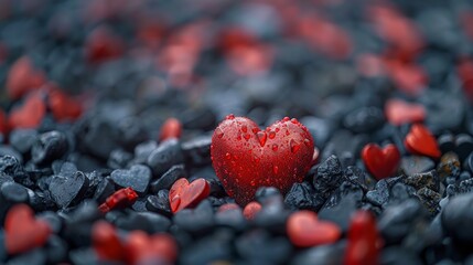 Wall Mural - red heart, matte, on the background of small hearts, in black style, without blurring