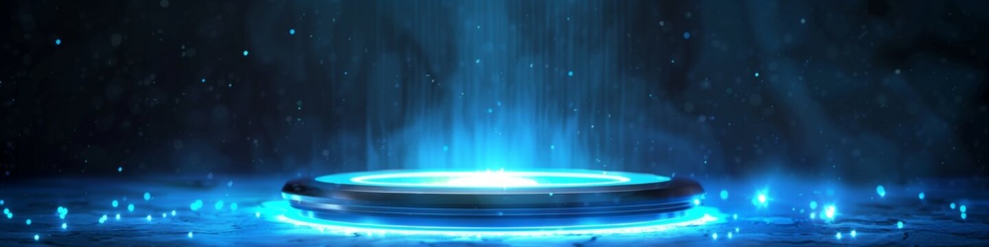 Futuristic Blue Hologram Portal with Magical Light and Abstract Technology Effect.