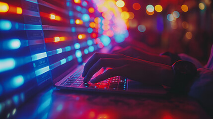 Wall Mural - a person is typing on a laptop in a brightly lit room with colorful lights. scene is energetic and l