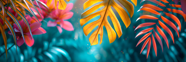 Summer landscape, colorful leaves, artistic wallpaper with palm trees, summer colors, botanical tropical leaves, the play of light and shadow, pink and yellow leaves. The banner.