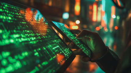 A person is using a cell phone and tablet to type on a green screen. Concept of technology and modernity, as well as the idea of multitasking and being connected to the digital world