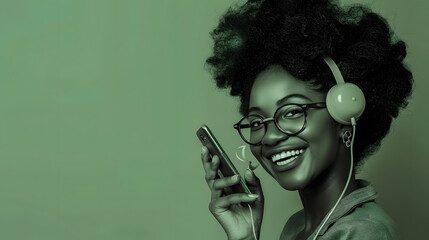 Wall Mural - Monochrome portrait of smiling african girl wearing retro style outfit holding vintage phone isolated on green background Concept of beauty art fashion youth sales and ads Copy space f : Generative AI