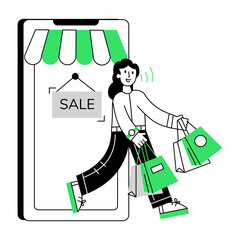 Sticker - Modern outline mini illustration of mobile shopping 

