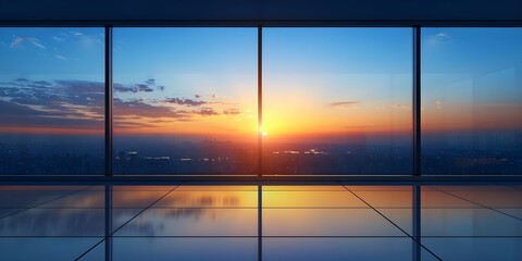 Wall Mural - Sleek and Contemporary Modern Office with Breathtaking Sunset City Skyline Views. Concept Office Design, Contemporary Style, Skyline Views, Sunset, Sleek Interiors