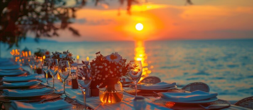 A table with a sunset in the background and a vase of flowers