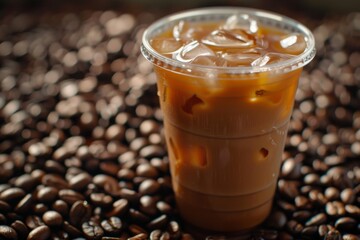 Wall Mural - A cup of Iced Coffee inside a pile of coffee beans