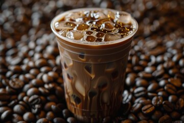 Wall Mural - A cup of Iced Coffee inside a pile of coffee beans