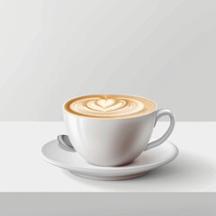 Wall Mural - cup of dark Latte coffee in a white cup, on top of a white table, isolated on white background