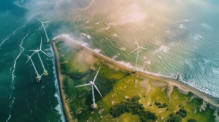 Wall Mural - Windmills in the sea in the Netherlands make clean energy. View from above of the windmills.