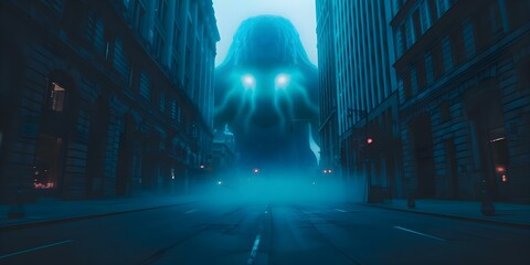 Wall Mural - Cybersecurity threats depicted as giant monsters in shadowy city streets. Concept Giant Monsters, Cybersecurity Threats, Shadowy Streets, Cityscape, Digital Dangers