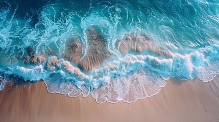 Wall Mural - visually stunning top down aerial photography of tropical waves lapping on a white sand beach