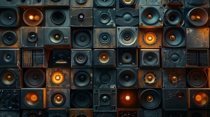 wall made of soundspeakers, speakers with led lights.