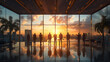 © xeionise - Business professionals in a modern office with a panoramic view of a sunset over a city skyline and river.