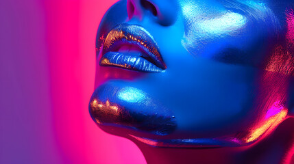 Wall Mural - High Fashion model metallic silver lips and face woman in colorful bright neon uv blue and purple lights posing in studio beautiful girl glowing makeup colorful make up Glitter Vivid n : Generative AI