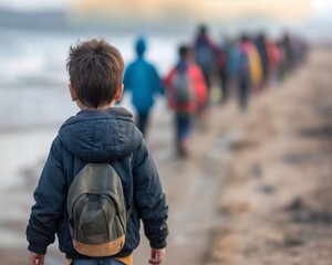 A young boy with a backpack walks away from a group of people on a beach