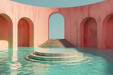 Wall Mural - a minimal archway with a product presentation platform in the middle above the water