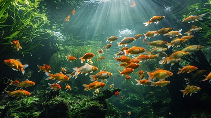 An underwater scene featuring numerous goldfish swimming gracefully amongst aquatic plants in a lush and natural underwater habitat teeming with vibrant aquatic life.