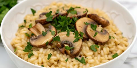 Wall Mural - Gourmet Delight Homemade Mushroom Risotto with Parsley in a White Bowl. Concept Gourmet Delight, Homemade, Mushroom Risotto, Parsley, White Bowl