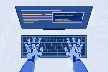 Code automation development, programming using AI, top view of coding robot hands. Cyborg sitting at computer desk, writing code for software or mobile application cartoon vector illustration