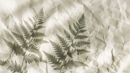 Poster - A close-up image of two fern shadows projected onto a white, crumpled paper background. The light creates a soft, ethereal effect