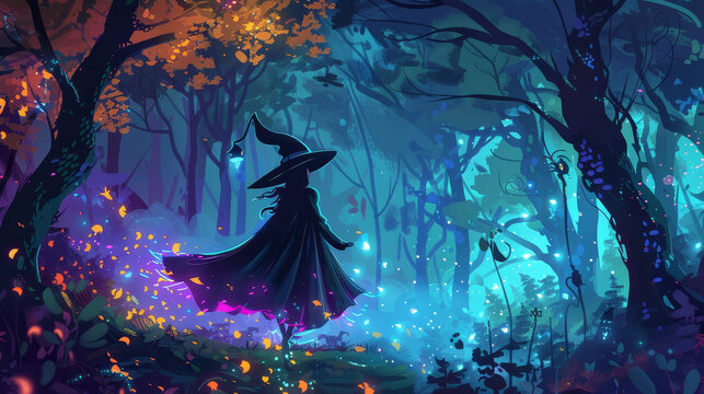 Halloween scary illustration  background with witch in hat in the magic forest and bats in green blue purple colors 