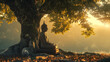 © Ritthichai - A statue of Buddha meditating under a large, ancient tree, bathed in warm, golden sunlight, creating a peaceful and reflective atmosphere.