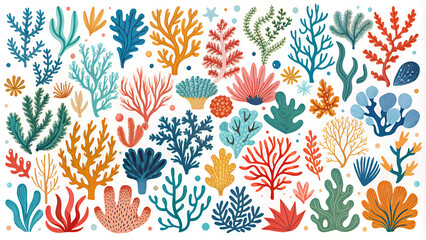 Collection of abstract seaweed aesthetic element and coral. Organic nature shapes in trendy Matisse art style. Contemporary collage. Ocean plants, underwater marine flora. Vector illustration.