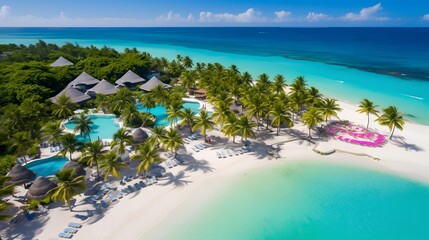 Poster - Aerial view of beautiful tropical beach with palm trees and blue lagoon