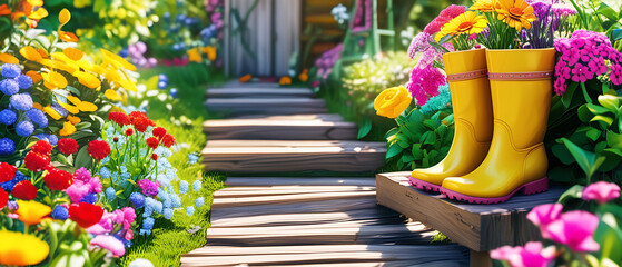 Wall Mural - A vibrant garden path featuring yellow boots, a wooden ladder, and colorful flowers on a sunny day, with a concept of gardening.