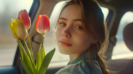 Wall Mural - Beautiful girl with tulip flowers in her hands in the car : Generative AI