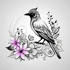 Poster - Modern design with flowers and bird silhouette for t-shirt printing design and various uses, on white background,