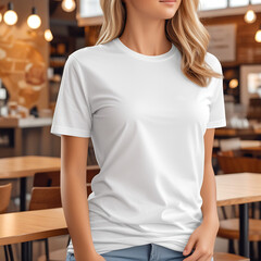 a young girl wearing a white short sleeve t-shirt on a cafe interior background. female white t-shirt mockup without face