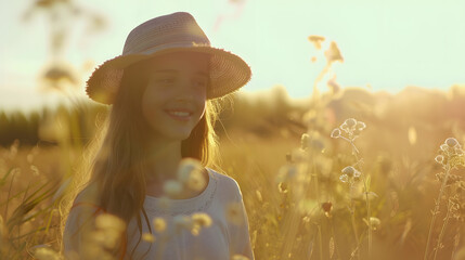 Wall Mural - Pretty girl with a hat in her hand walks in a field with field flowers and smiles sincerely : Generative AI