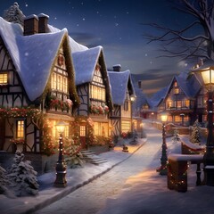 Wall Mural - Winter night in a small village, with snow covered houses and lanterns