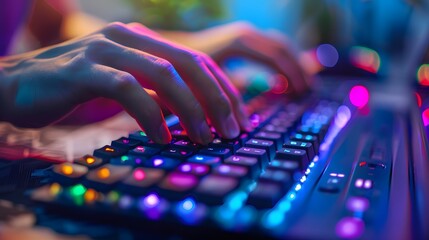 A close-up of a programmer's hands typing code on a modern keyboard with colorful backlighting