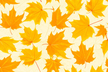 Sticker - Autumn maple leaves scattered on a light background, creating a warm and natural seamless pattern. The leaves are in vibrant shades of yellow and orange, evoking a seasonal atmosphere.