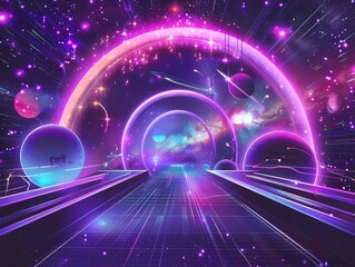 Wall Mural - a futuristic pathway through the cosmos with a gridded floor, planets, stars, and neon lights