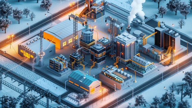 A computer generated image of a large industrial plant with many pipes and tanks