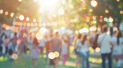 Abstract blur people in festival city park bokeh background. Summer festival holiday or celebration party concept