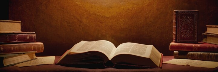 Wall Mural - International Literacy Day. textbooks on the table, a stack of books. libraries. an open book