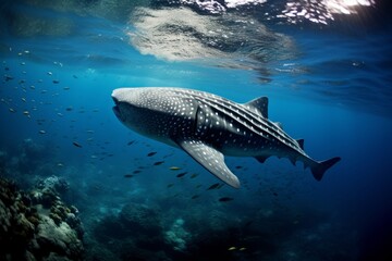 Vibrant tropical coral reef with majestic whale in the sea, an underwater haven teeming with life
