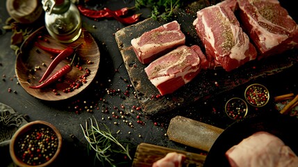 Wall Mural - High-quality raw meat cuts surrounded by spices on wooden boards, ready for cooking. Culinary ingredients creating a rich, rustic atmosphere. Ideal for food photography and cooking content. AI
