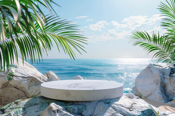 Wall Mural - White round podium on a rock with palm tree leaf and sea background for Empty podium for product presentation