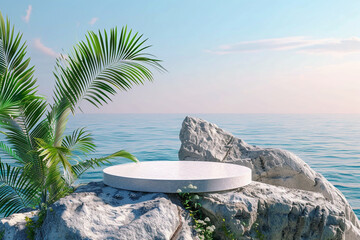 Wall Mural - White round podium on a rock with palm tree leaf and sea background for Empty podium for product presentation