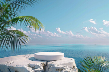 Wall Mural - White round podium on a rock with palm tree leaf and sea background for Empty podium for product presentation
