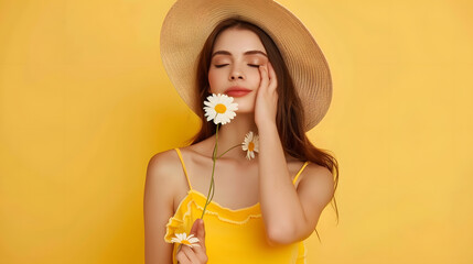 Wall Mural - beautiful attractive stylish woman in yellow dress and straw hat holding daisy flower romantic mood posing on yellow background isolated in love summer fashion trend style natural look : Generative AI
