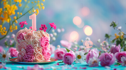 Canvas Print - cake with one candle and flowers