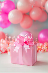 Wall Mural - Pink vertical background with gift box, balloons and copy space. It's a girl backdrop with empty space for text. Baby shower or birthday invitation, party. Women's Day. Baby girl birth.