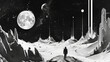 © waylan_design - Futuristic retro y2k design elements Cyberpunk 80s 90s style, artwork illustration science fiction magazine, book cover, flat tattoo, black and white. Man in space with moon and mountains