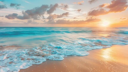 A serene beach at sunset with gentle waves, golden sand, and a sky ablaze with colors.